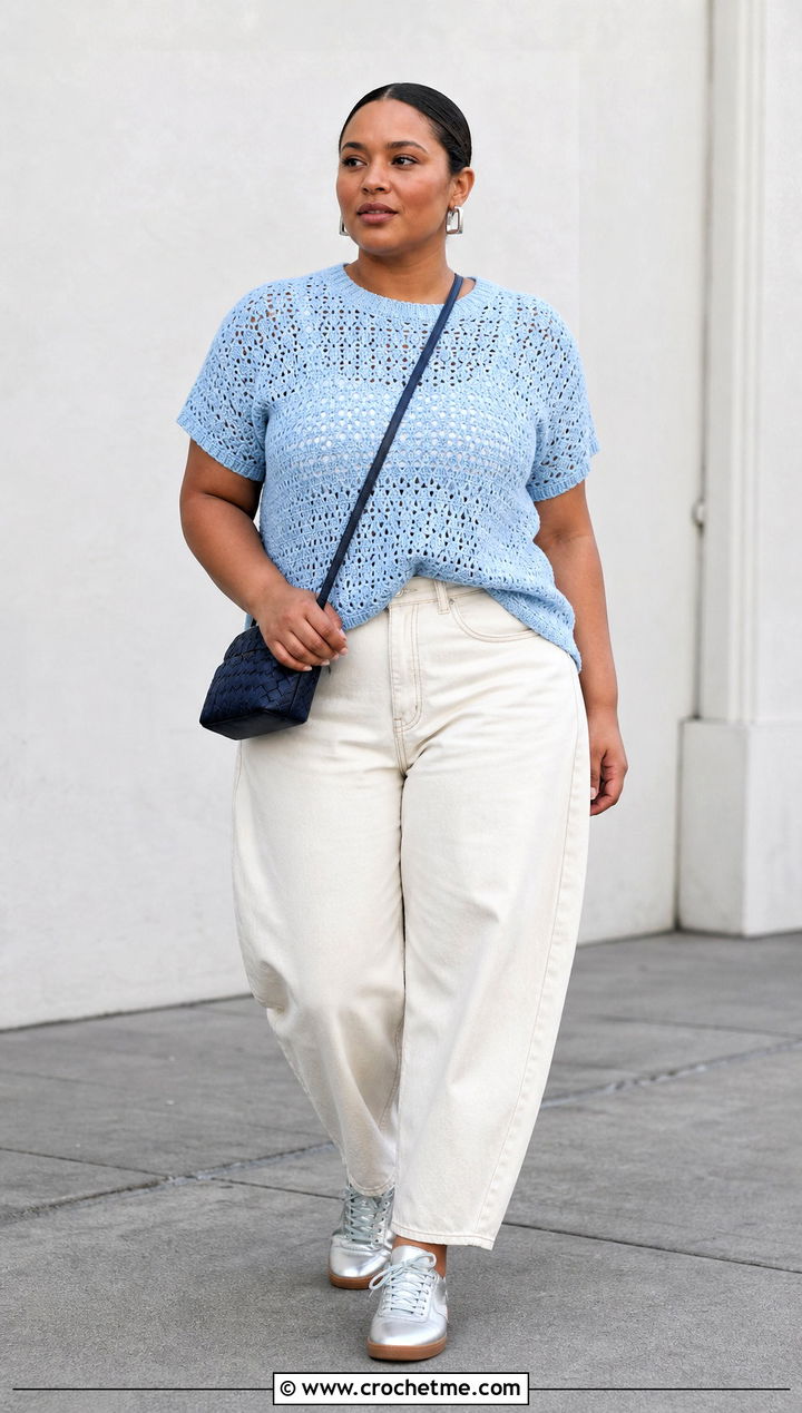 Crochet Tee Top With Barrel Jeans - 25 Xxl Crochet Top outfit ideas