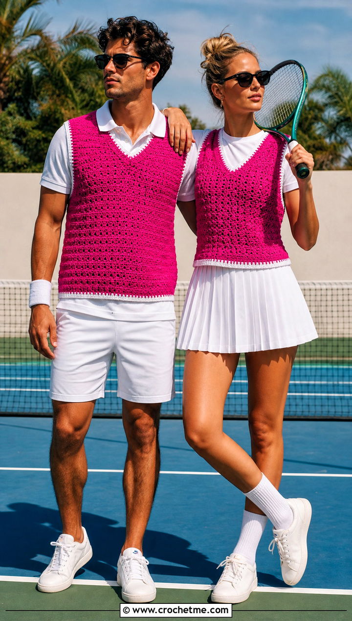 Crochet Tennis Vests With Sporty Whites - 30 couples crochet outfit ideas