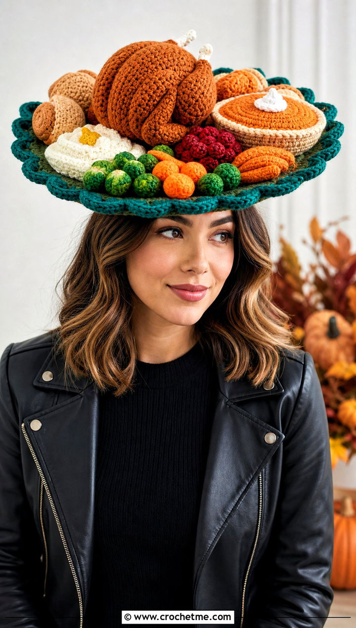 Crochet Thanksgiving Dinner Plate Hat With Monochrome Outfit - 15 Crochet Thanksgiving Hat outfit ideas