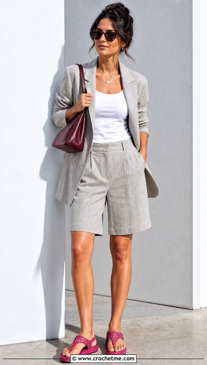 Crochet Thong Sandals With A Blazer And Bermuda Shorts - 15 crochet open-toe sandals outfit ideas