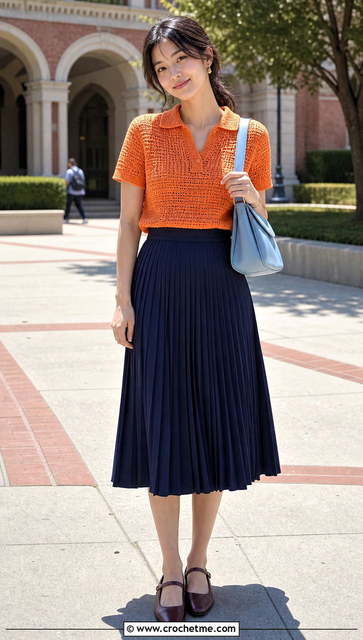Crochet Thread Polo Top With Pleated Skirt - 35 crochet thread top outfit ideas