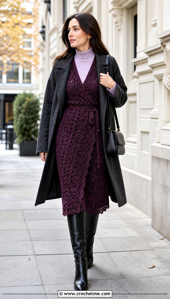 Crochet Thread Wrap Dress With Knee High Boots - 25 Crochet Thread Dress outfit ideas