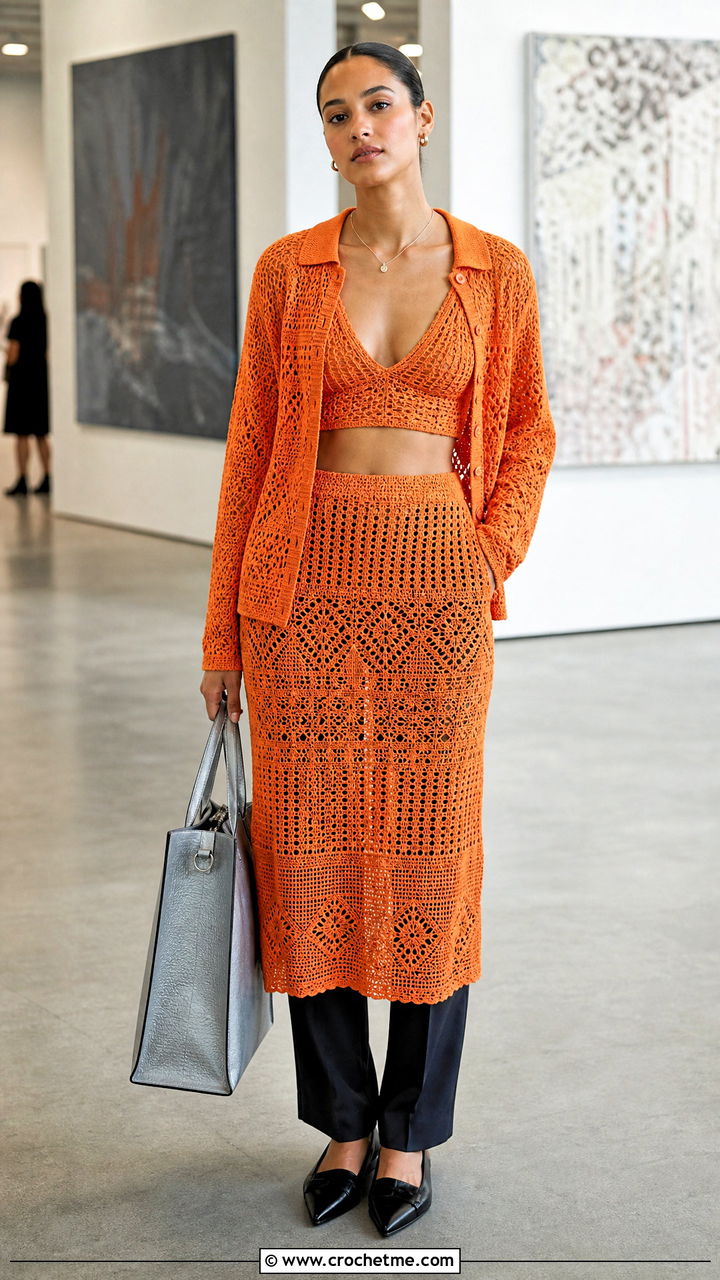 Crochet Three Piece Skirt Set With Tailored Trousers - 35 crochet skirt set outfit ideas