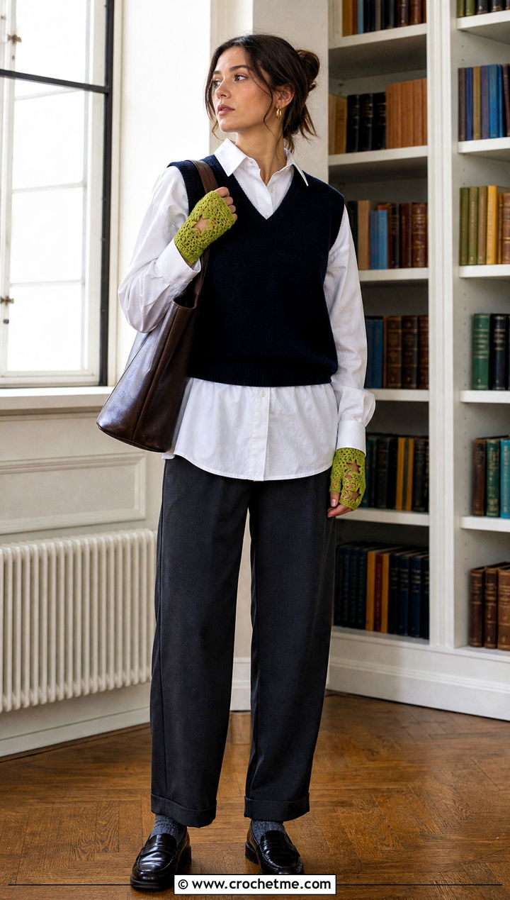 Crochet Thumb Hole Star Wrist Warmers With Sweater Vest - 35 crochet star gloves outfit ideas