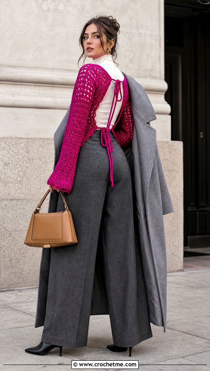 Crochet Tie Back Long Sleeve Top With Wool Trousers - 30 crochet tie back top outfit ideas