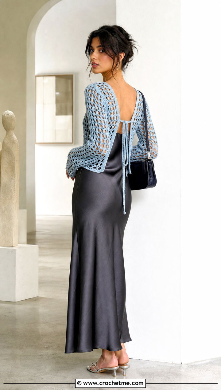 Crochet Tie Back Mesh Top With Slip Dress - 30 crochet tie back top outfit ideas