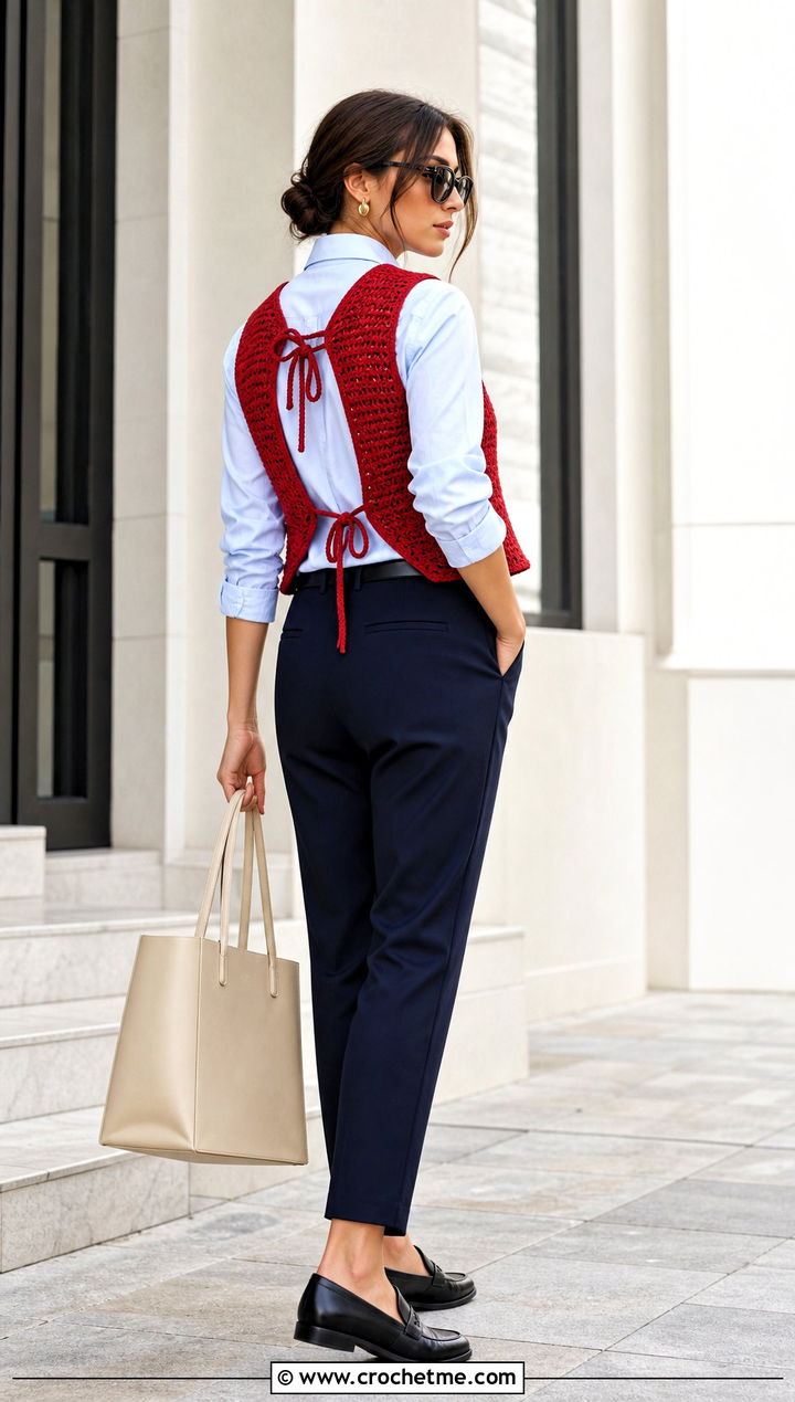 Crochet Tie Back Vest Top With Button Down Shirt - 30 crochet tie back top outfit ideas