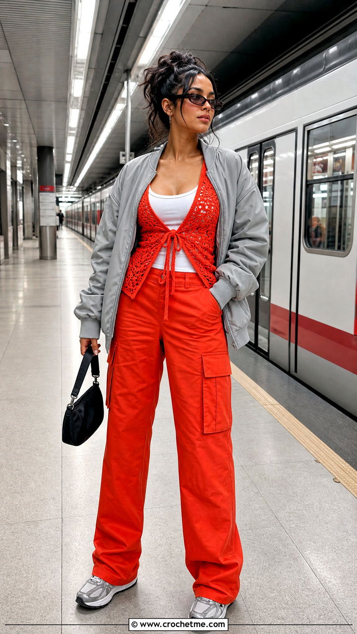 Crochet Tie Front Top And Cargo Pants Set With Sneakers - 35 crochet two piece outfit ideas