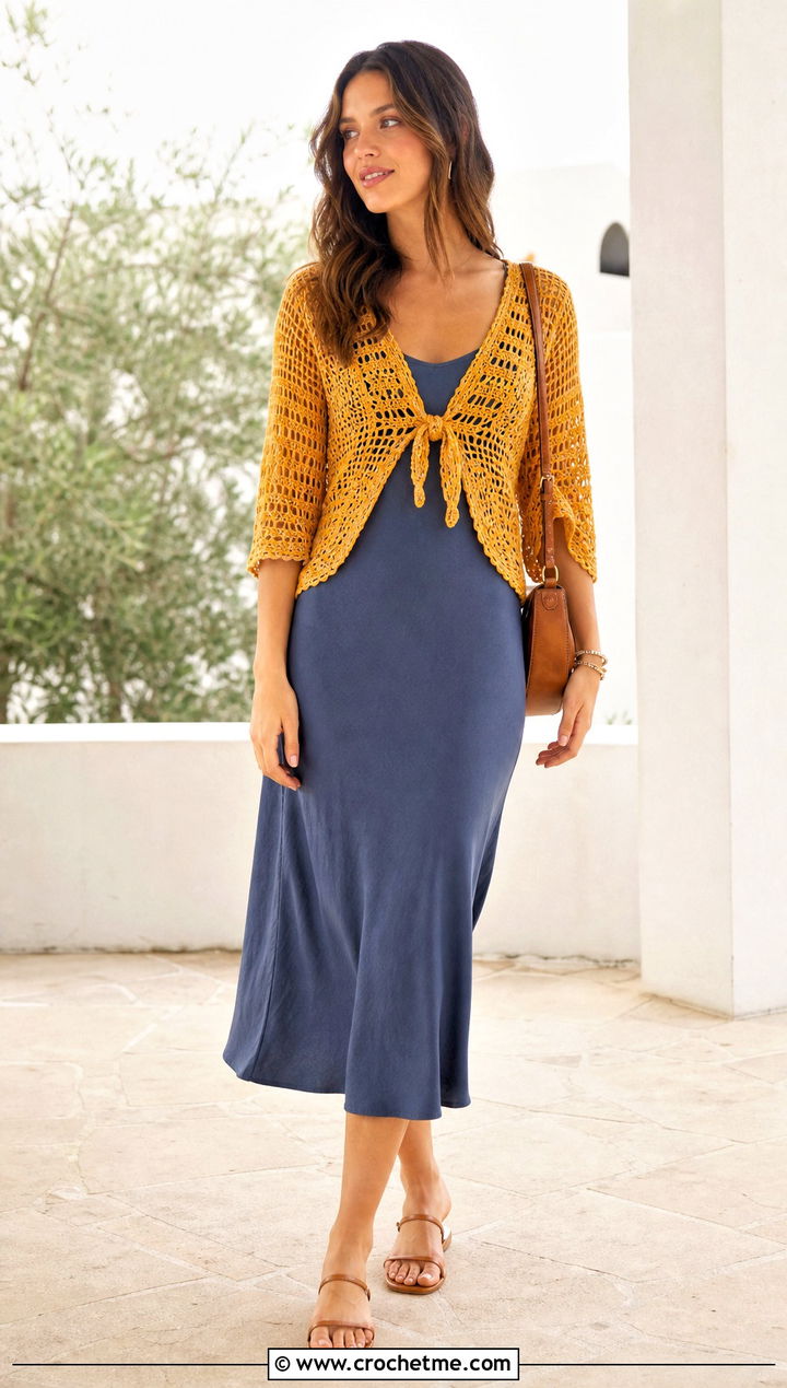 Crochet Tie Front Top Over A Slip Dress - 25 Women's Crochet Tops outfit ideas