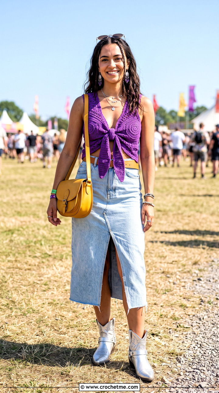 Crochet Tie Front Top With Denim Midi Skirt - 35 crochet festival top outfit ideas