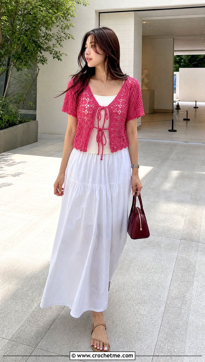 Crochet Tie Front Top With Maxi Skirt - 30 korean crochet outfits ideas