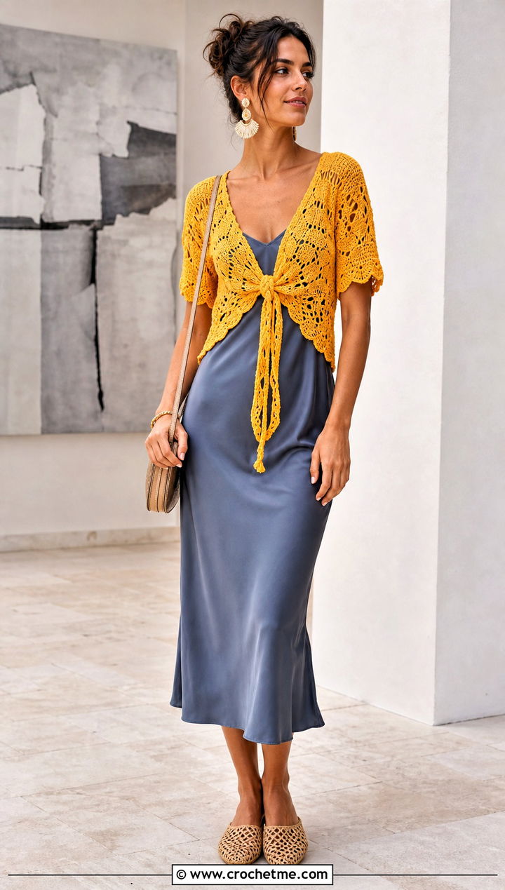 Crochet Tie Front Top With Slip Dress - 30 crochet summer top for women outfit ideas