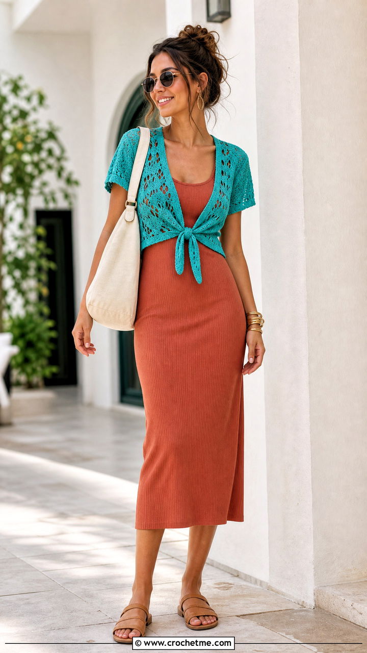 Crochet Tie Front Top With Tank Dress - 35 summer crochet top outfit ideas