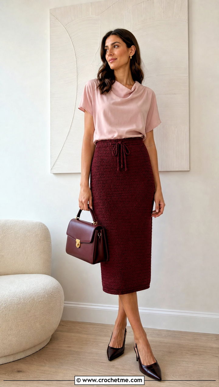 Crochet Tie Pencil Skirt With Draped Blouse - 30 crochet tie skirt outfit ideas