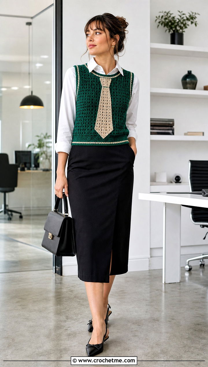 Crochet Tie Sweater Vest With Pencil Skirt - 25 weird crochet clothes and outfit ideas