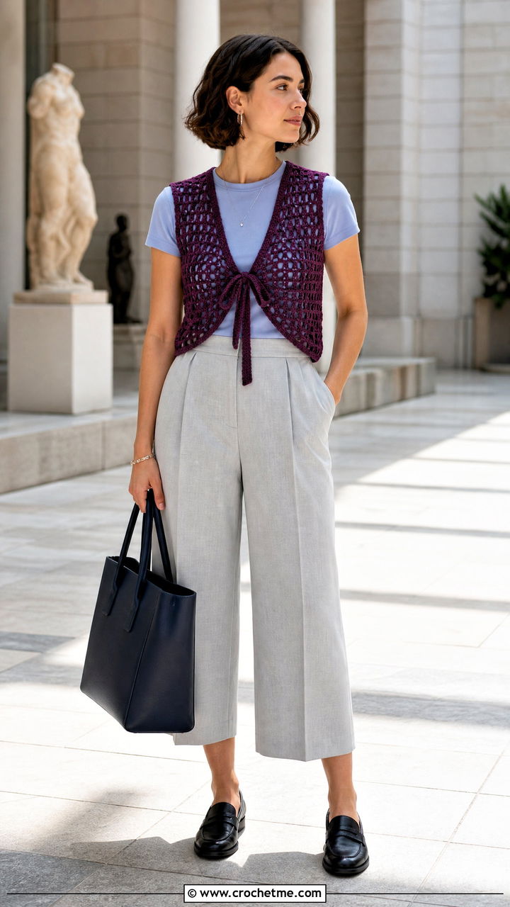 Crochet Tie Vest With Culottes - 35 crochet tie top outfit ideas