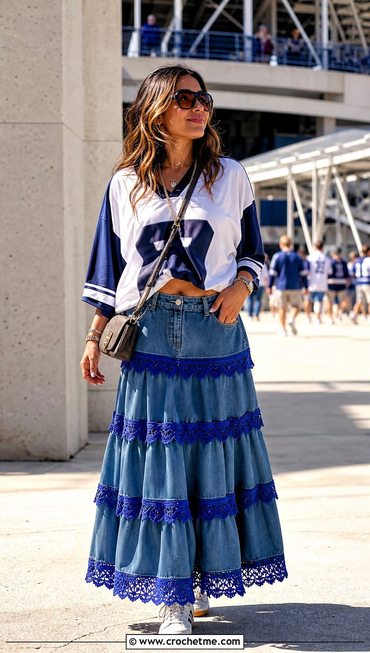Crochet Tier Denim Maxi Skirt With Sports Jersey - 30 denim crochet skirt outfit ideas