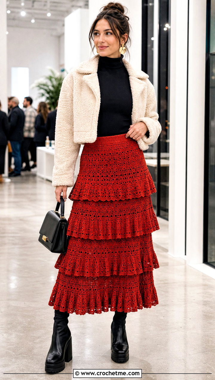 Crochet Tiered Maxi Skirt With Turtleneck Bodysuit - 35 crochet winter skirt outfit ideas