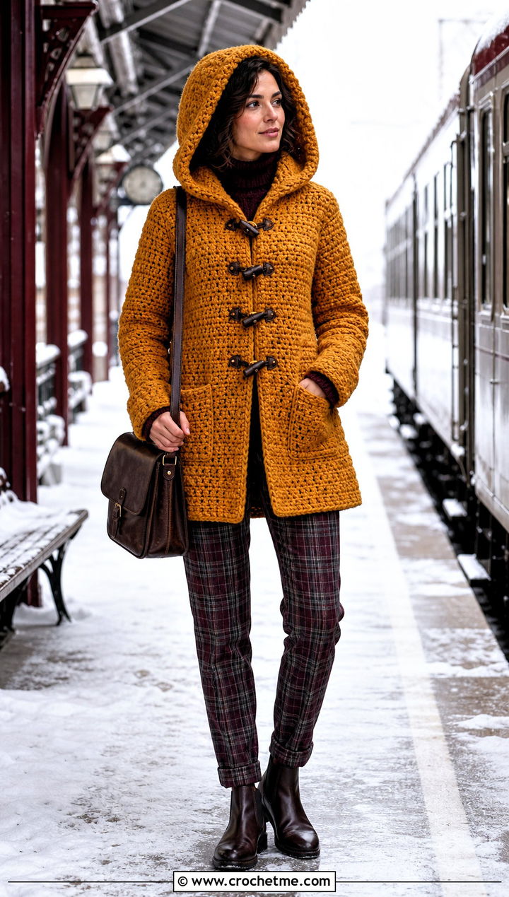 Crochet Toggle Jacket With Plaid Trousers - 30 crochet winter jacket outfit ideas