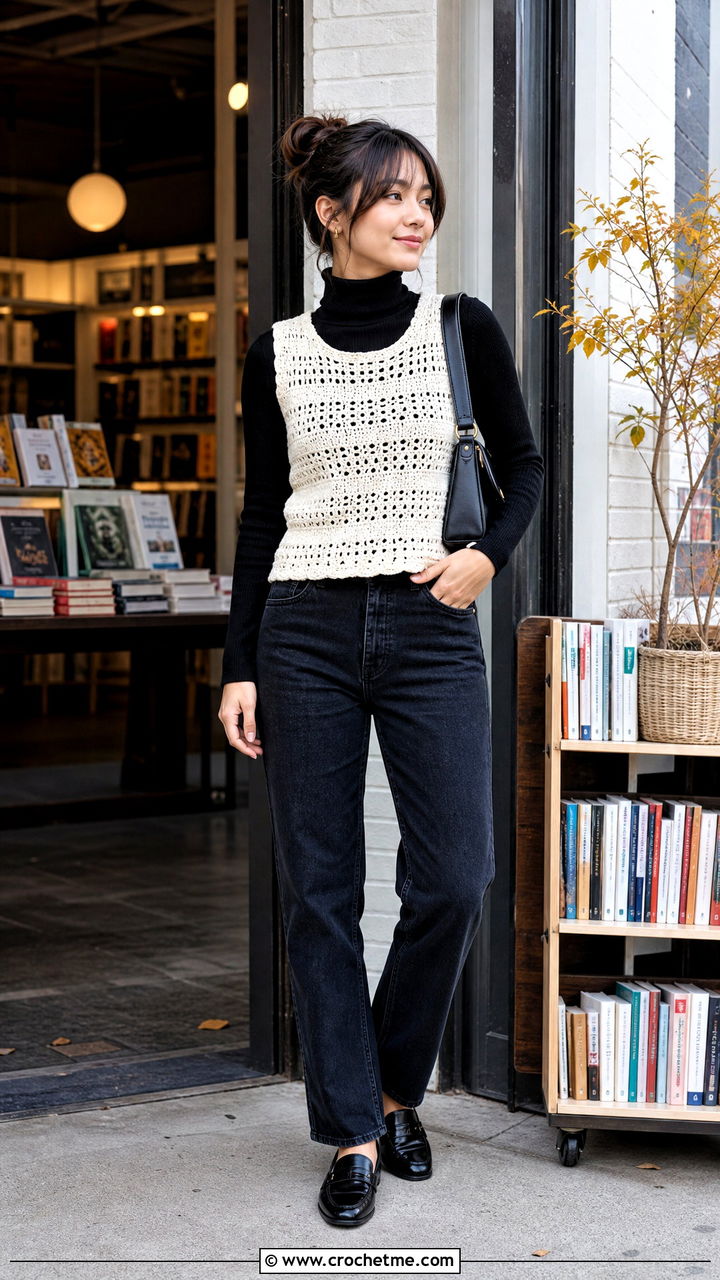 Crochet Top Over A Fitted Turtleneck - 35 crochet top outfit ideas