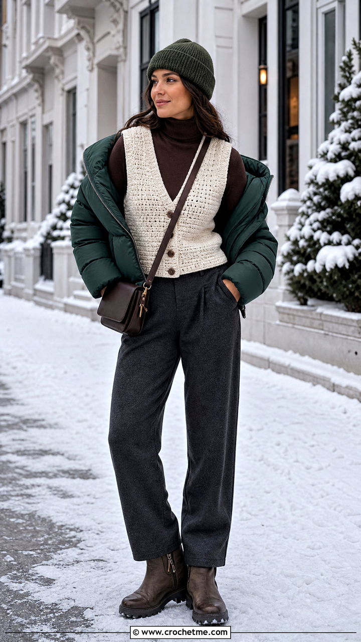 Crochet Top With A Puffer Jacket And Wool Pants - 35 crochet tops outfit ideas