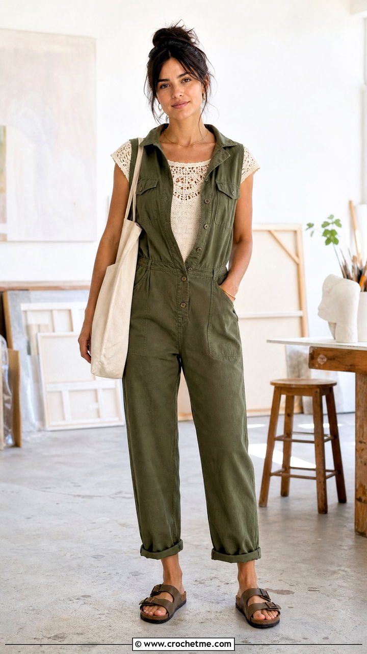 Crochet Top With A Utility Jumpsuit - 35 crochet tops outfit ideas