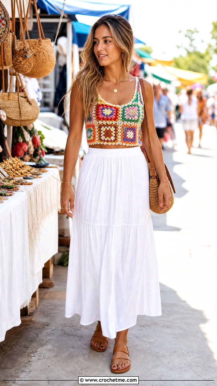 Crochet Top With A White Maxi Skirt - 35 crochet tops outfit ideas