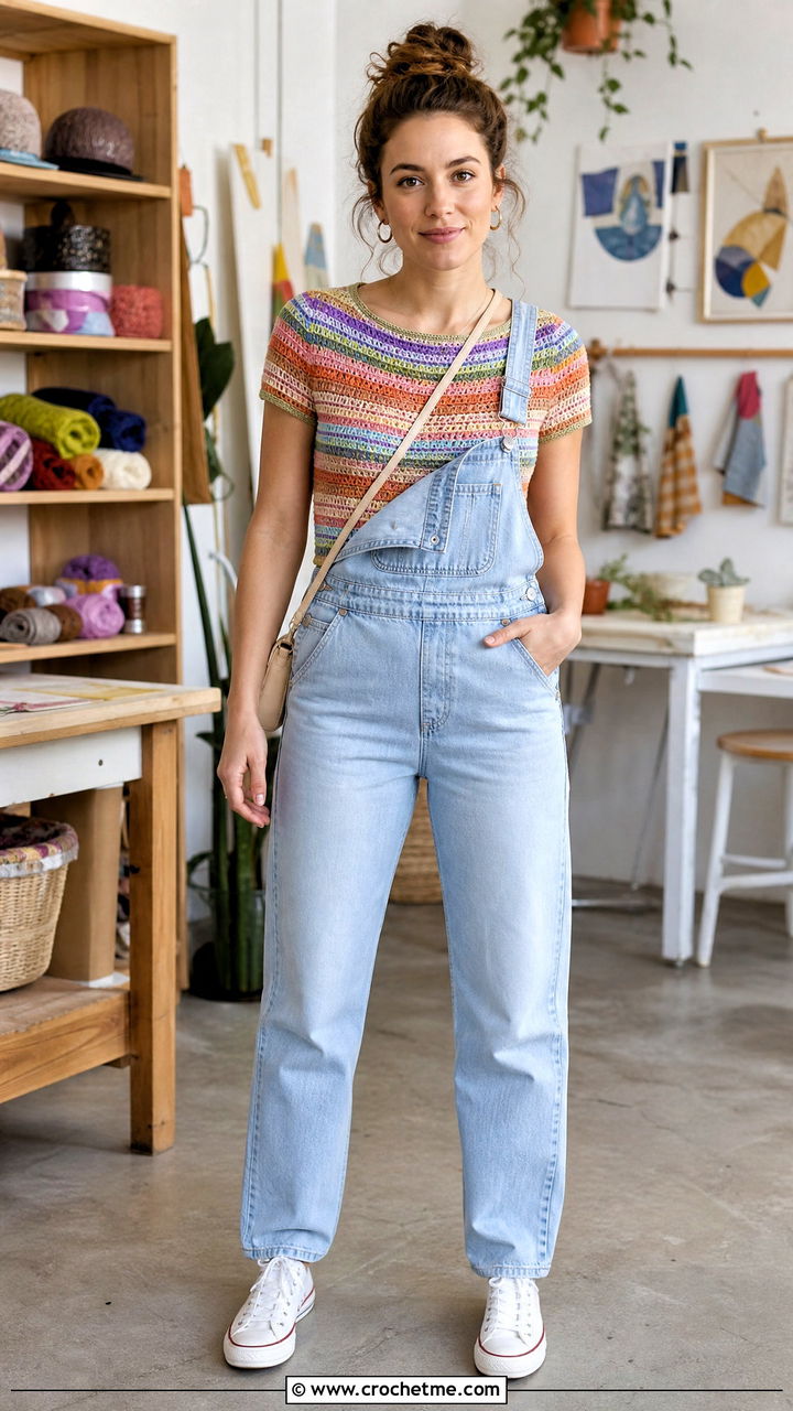 Crochet Top With Denim Overalls - 35 crochet tops outfit ideas