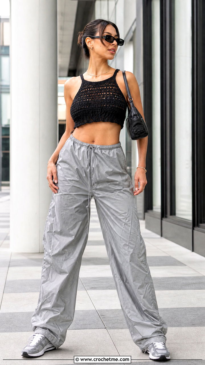 Crochet Top With Parachute Pants - 35 crochet top outfit ideas