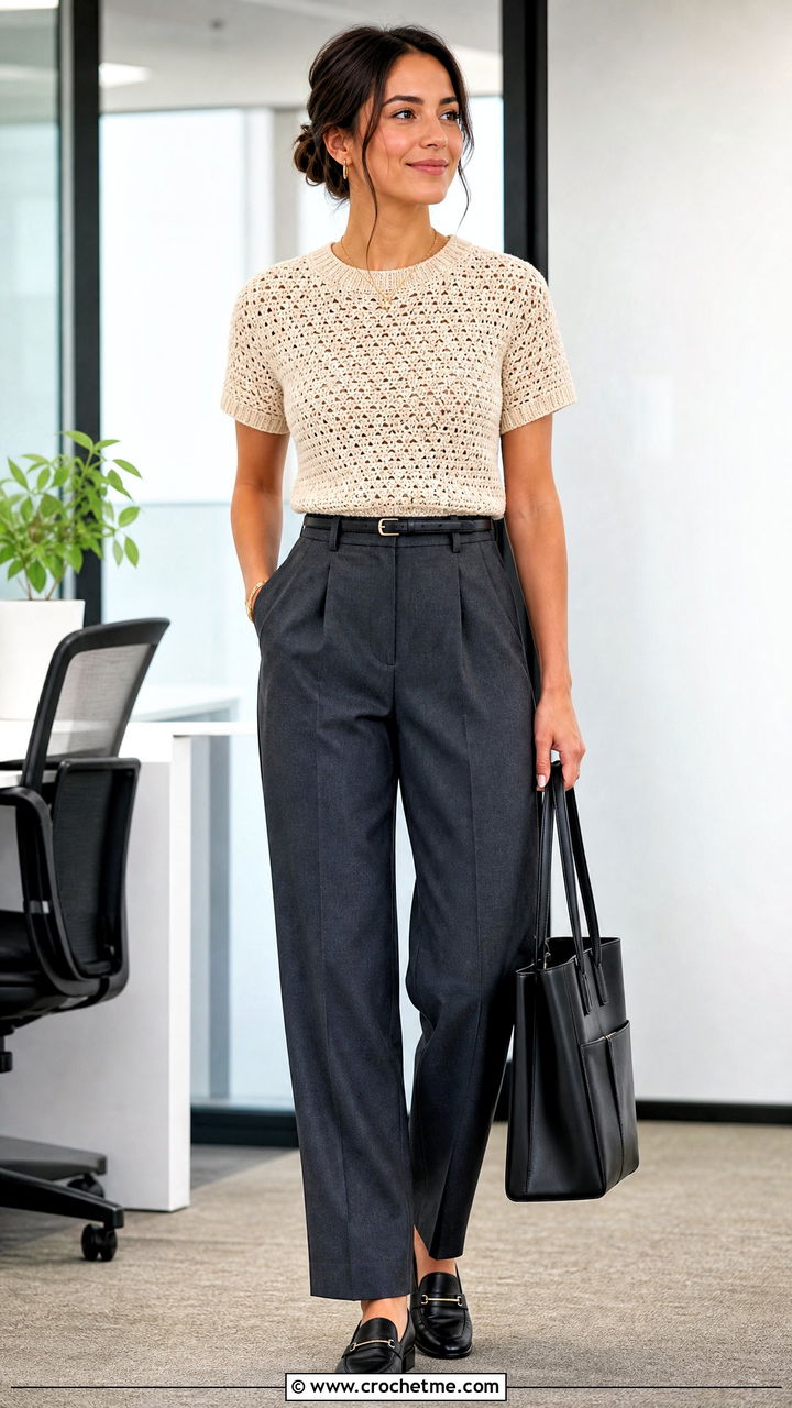 Crochet Top With Pleated Work Pants - 35 crochet top outfit ideas