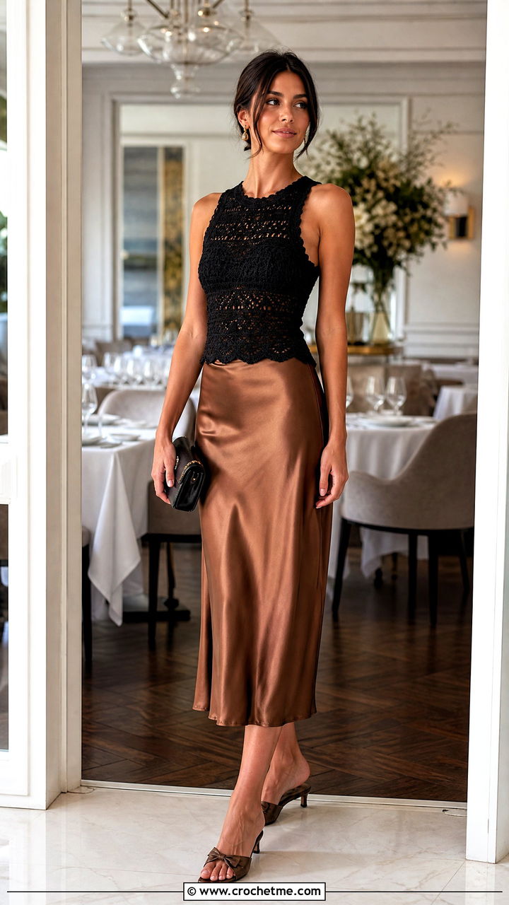 Crochet Top With Satin Midi Skirt - 35 crochet top outfit ideas