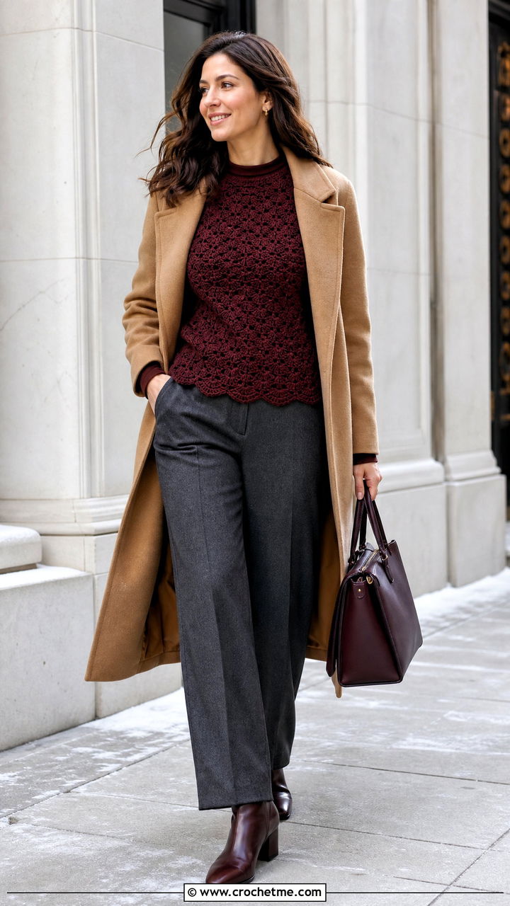 Crochet Top With Wool Trousers And Coat - 35 crochet top outfit ideas