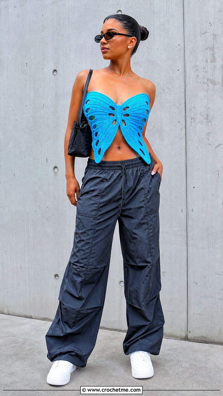 Crochet Towel Butterfly Top With Parachute Pants - 35 crochet towel tops outfit ideas
