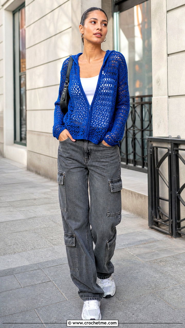 Crochet Towel Hoodie Top With Cargo Jeans - 35 crochet towel tops outfit ideas