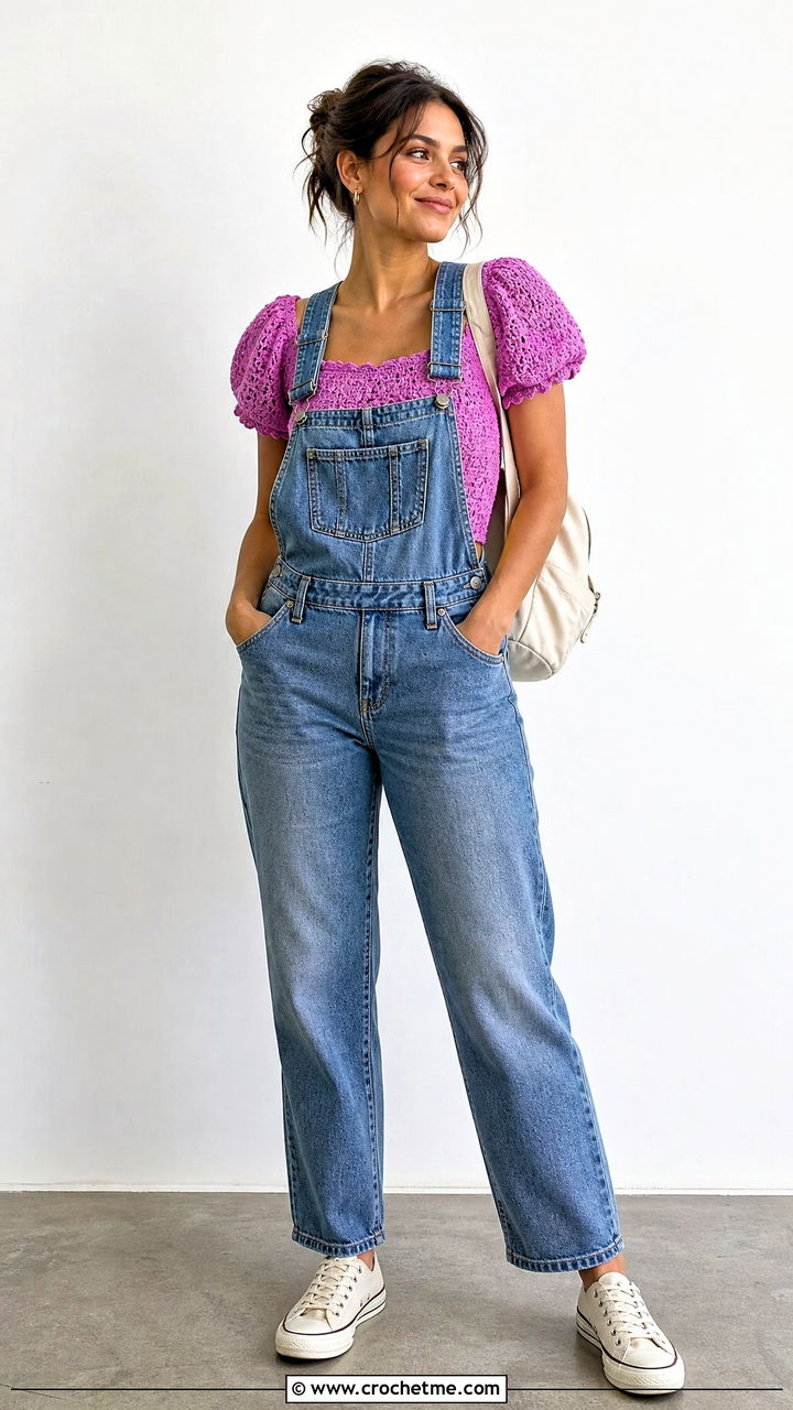 Crochet Towel Puff Sleeve Top With Denim Overalls - 35 crochet towel tops outfit ideas