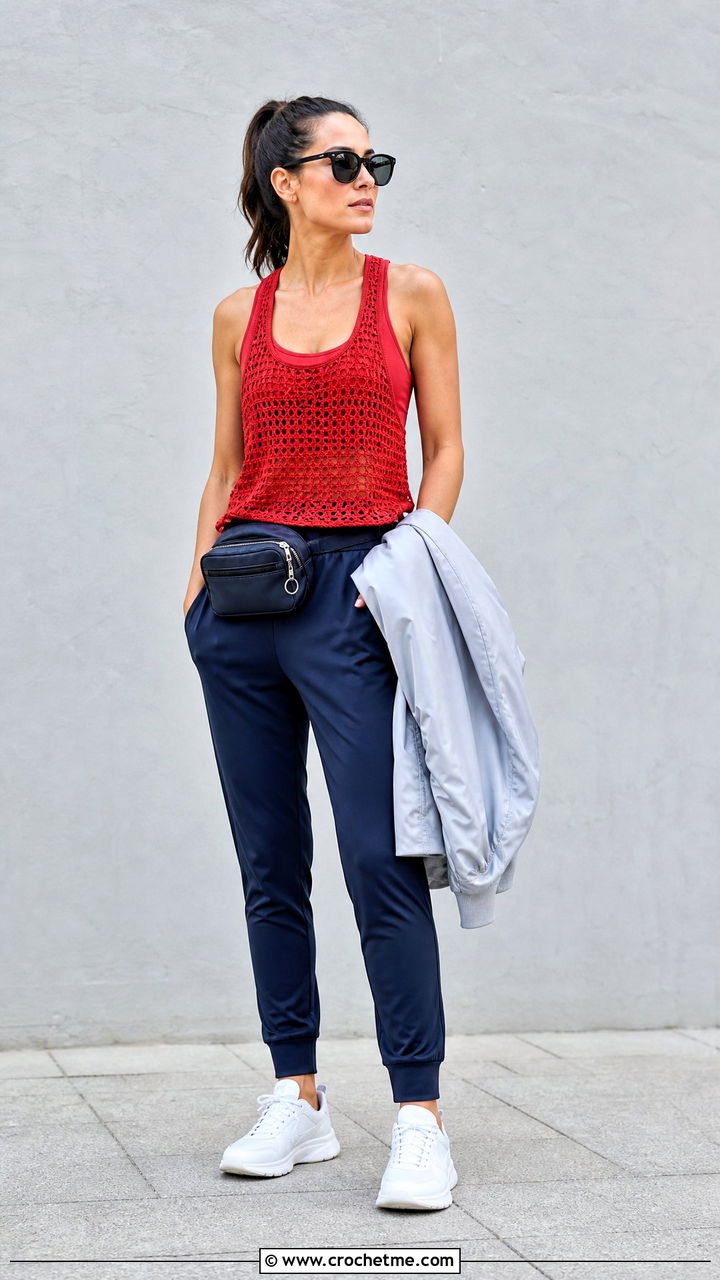 Crochet Towel Racerback Top With Track Pants - 35 crochet towel tops outfit ideas