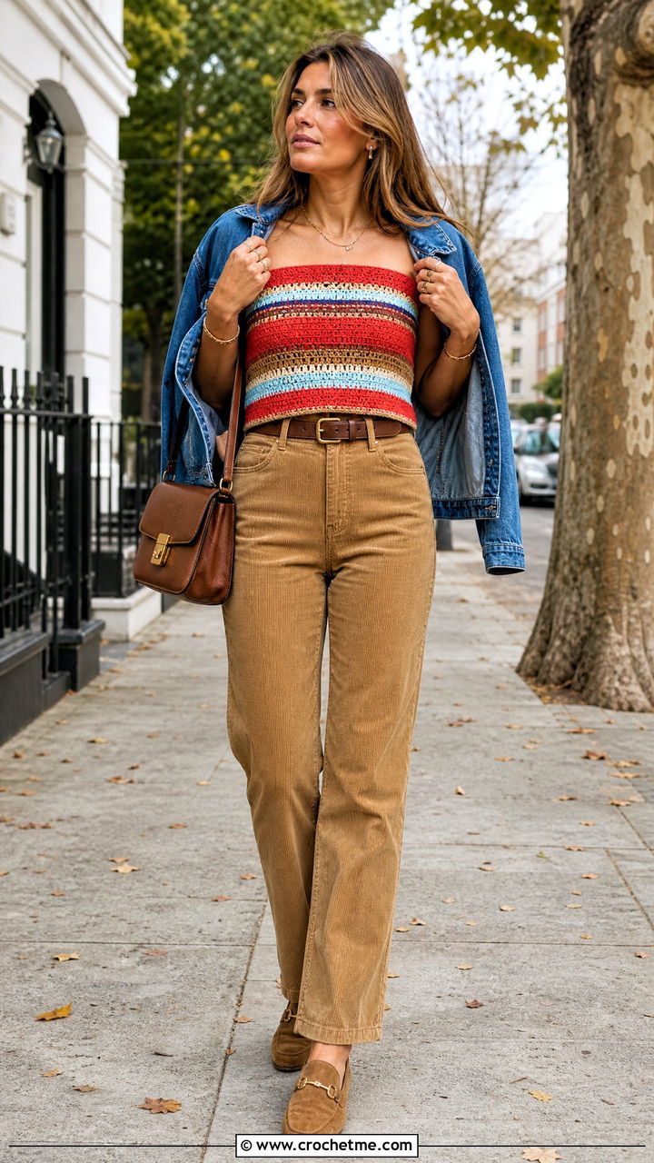 Crochet Towel Striped Top With Corduroy Pants - 35 crochet towel tops outfit ideas