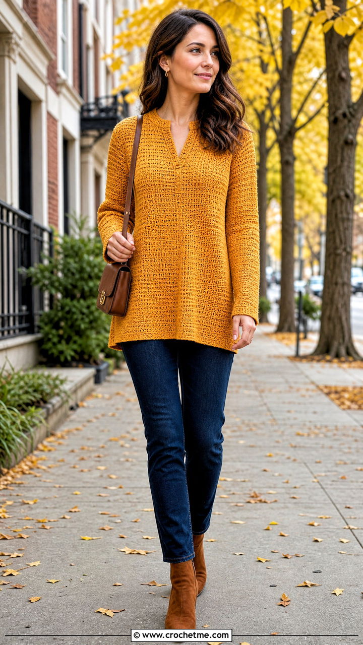 Crochet Towel Tunic Top With Slim Jeans - 35 crochet towel tops outfit ideas