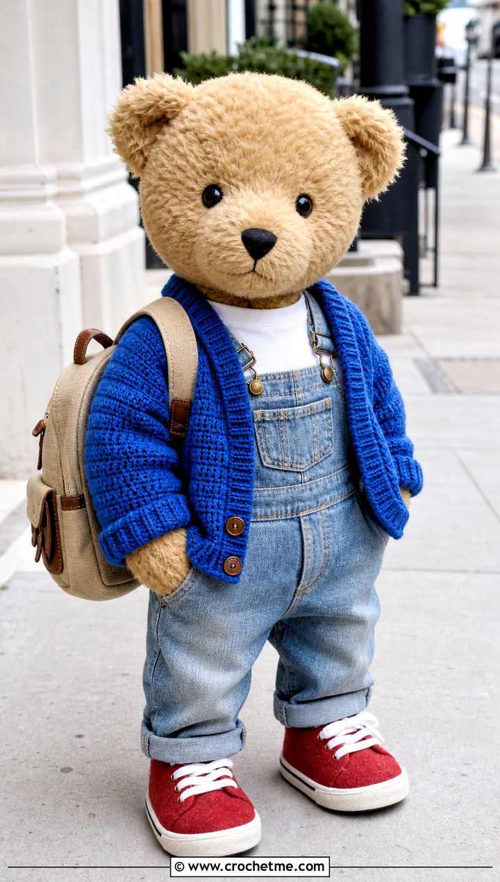 Crochet Toy Cardigan With Denim Overalls - 25 Crochet Toy Clothes and outfit ideas