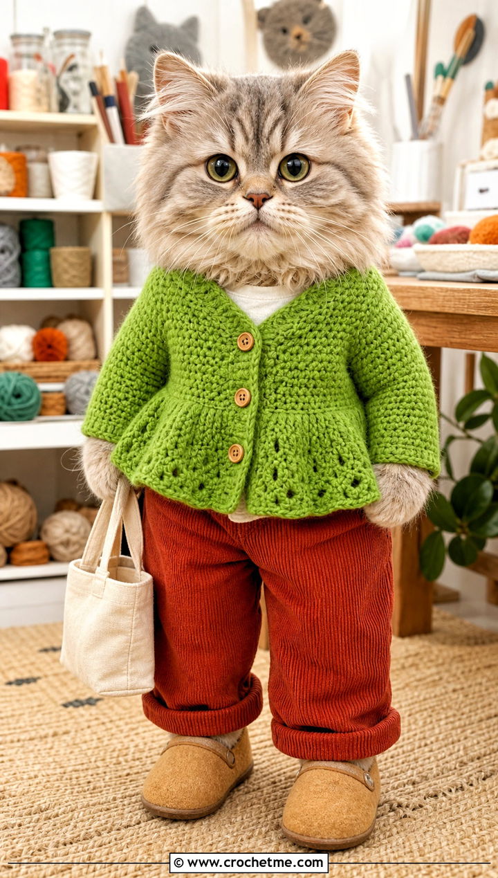 Crochet Toy Peplum Cardigan With Corduroy Trousers - 25 Crochet Toy Clothes and outfit ideas