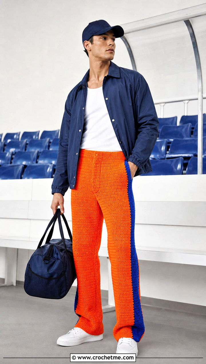 Crochet Track Pants With Coach Jacket - 35 crochet pants men outfit ideas