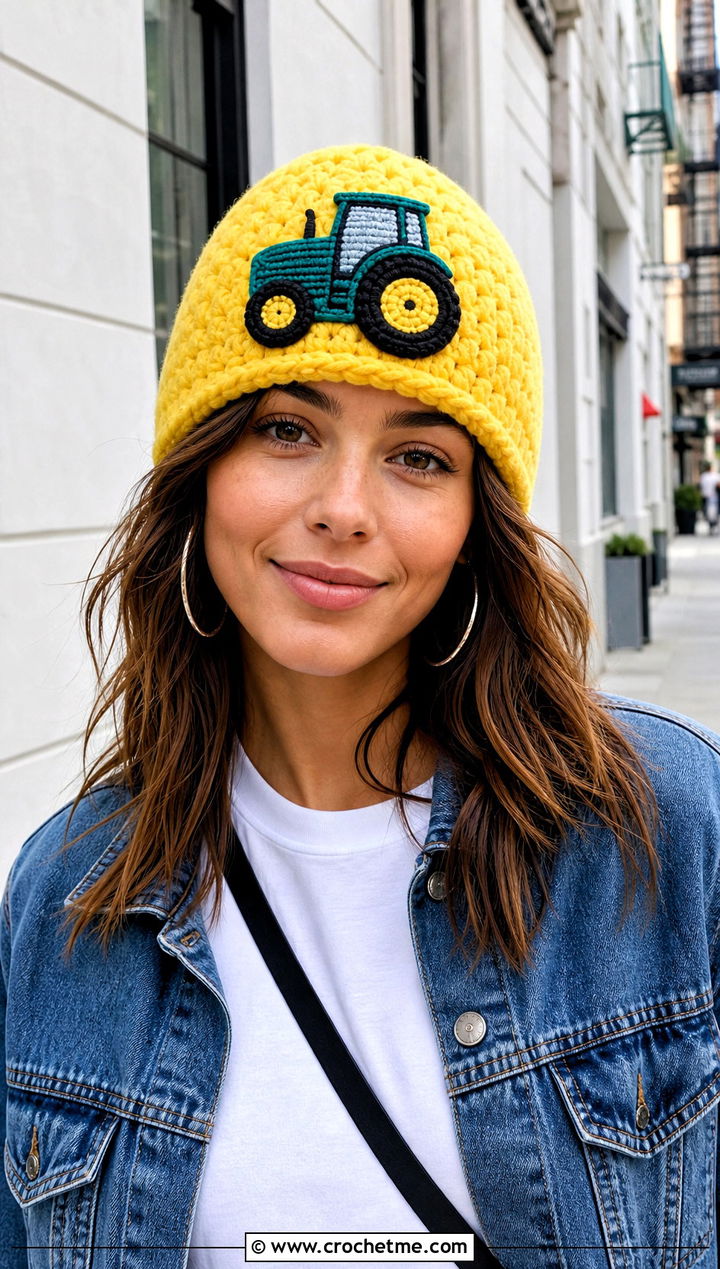 Crochet Tractor Applique Beanie With Denim Jacket - 20 Crochet Tractor Hat outfit ideas