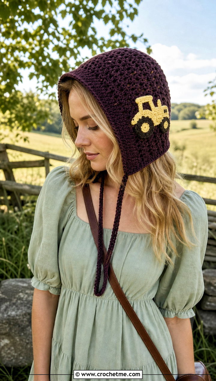 Crochet Tractor Bonnet With Prairie Dress - 20 Crochet Tractor Hat outfit ideas