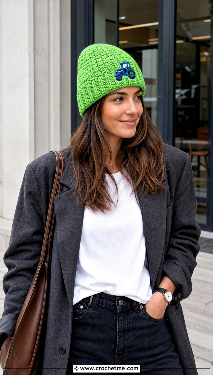 Crochet Tractor Cuffed Beanie With Blazer And Jeans - 20 Crochet Tractor Hat outfit ideas