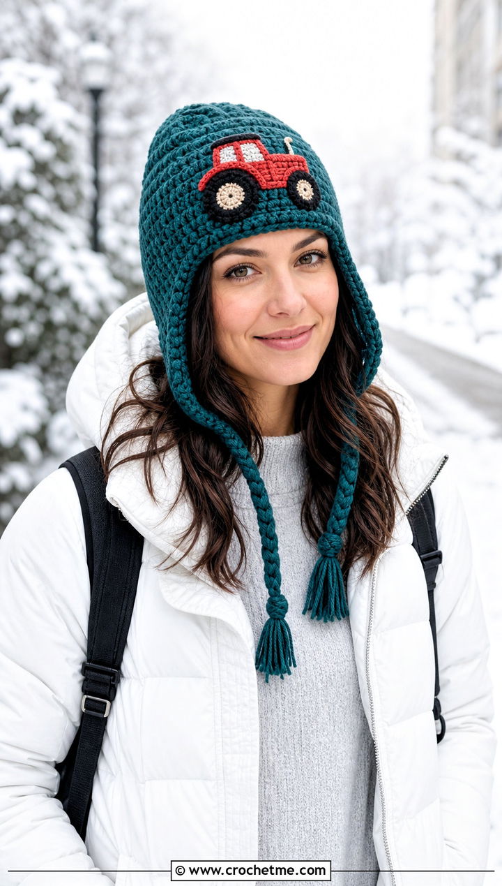 Crochet Tractor Earflap Hat With Puffer Coat - 20 Crochet Tractor Hat outfit ideas