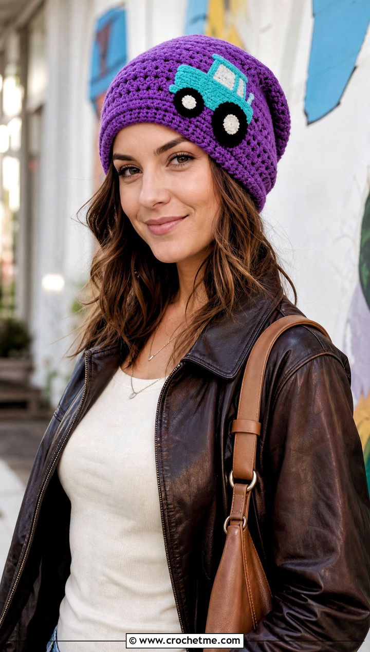 Crochet Tractor Slouchy Beanie With Leather Jacket - 20 Crochet Tractor Hat outfit ideas