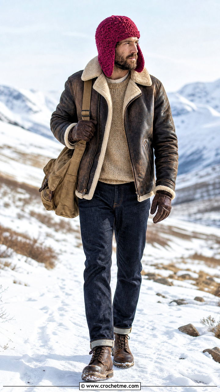 Crochet Trapper Cap With Shearling Jacket - 35 crochet cap for men outfit ideas