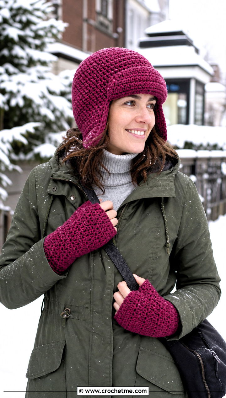 Crochet Trapper Hat And Long Fingerless Mitts With Utility Coat - 15 Crochet Hat With Hand Warmer outfit ideas