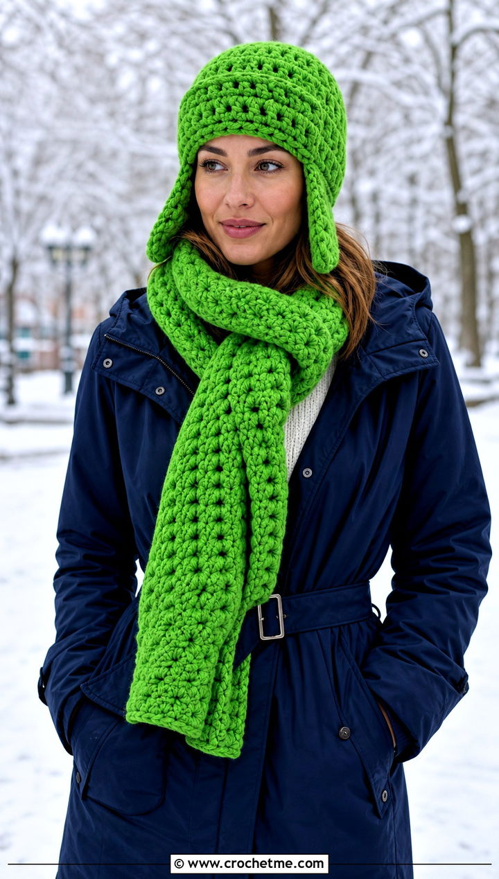 Crochet Trapper Hat And Oversized Scarf With Utility Coat - 25 crochet scarf hat combo outfit ideas