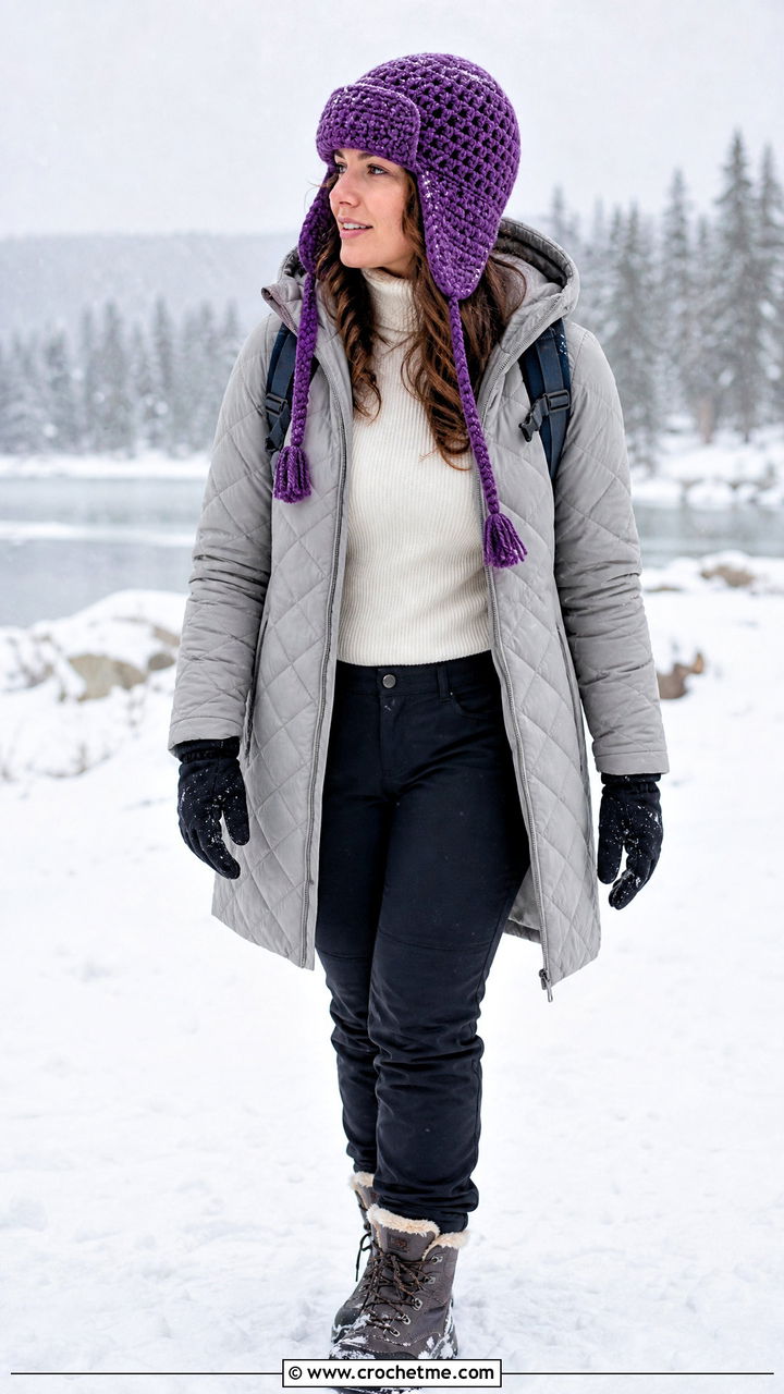 Crochet Trapper Hat With A Quilted Coat - 35 Crochet Hats For Women outfit ideas